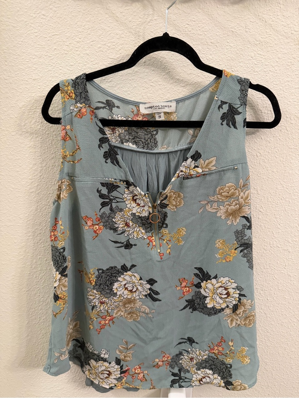 Tempted Floral Zip Tank - Slate Blue with Multicolor Blooms